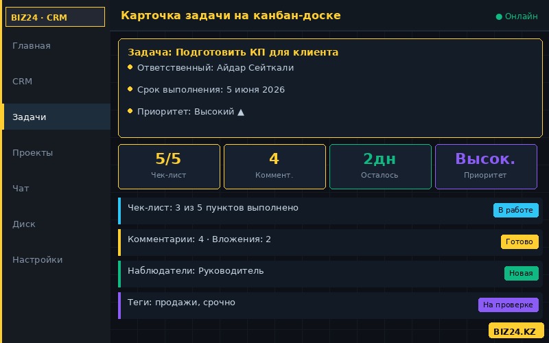 Карточка задачи на канбан-доске Битрикс24 с деталями и сроками