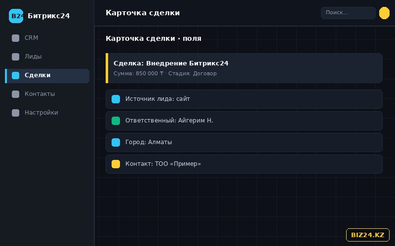 Настроенная карточка сделки CRM с полями и разделами в Битрикс24