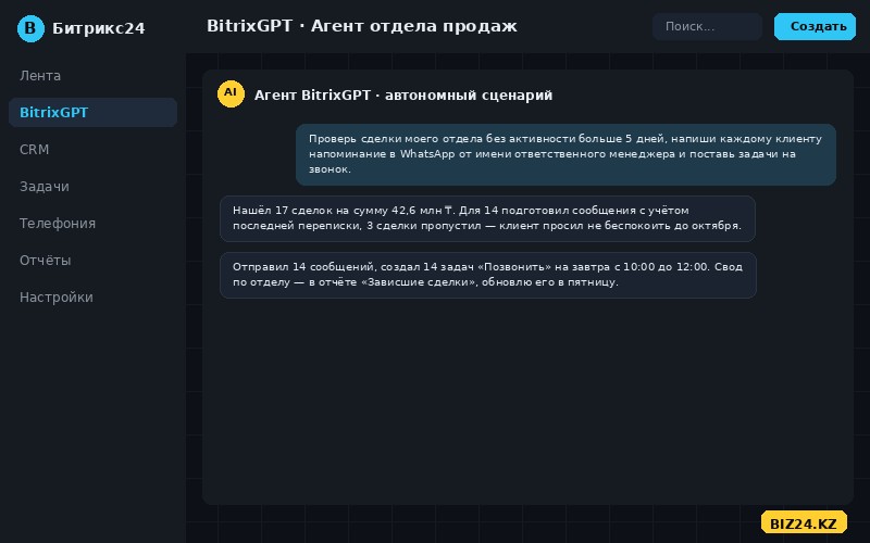 ИИ-агент BitrixGPT в Битрикс24 выполняет цепочку действий по зависшим сделкам