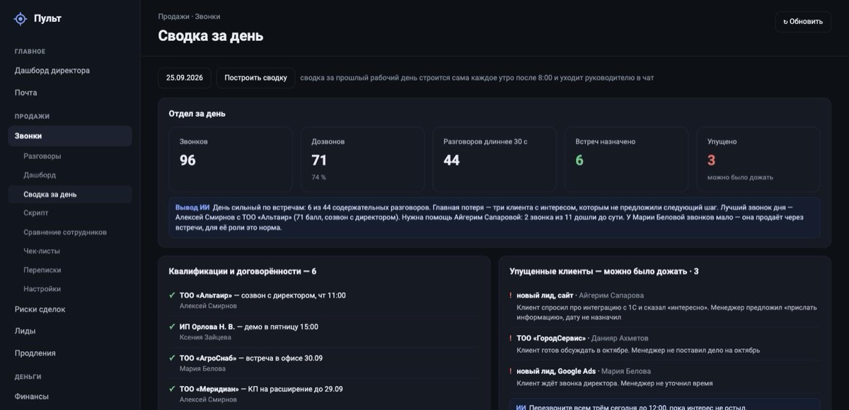 Сводка звонков за день с выводом ИИ и упущенными клиентами