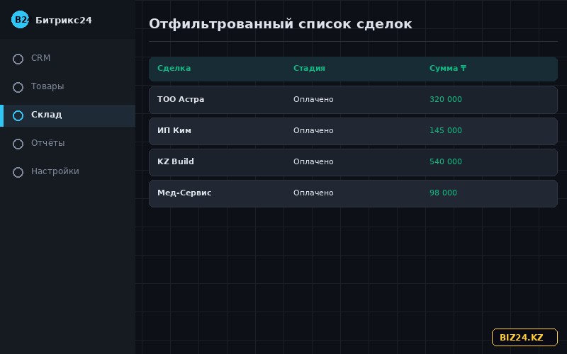 Отфильтрованный список оплаченных сделок в Битрикс24