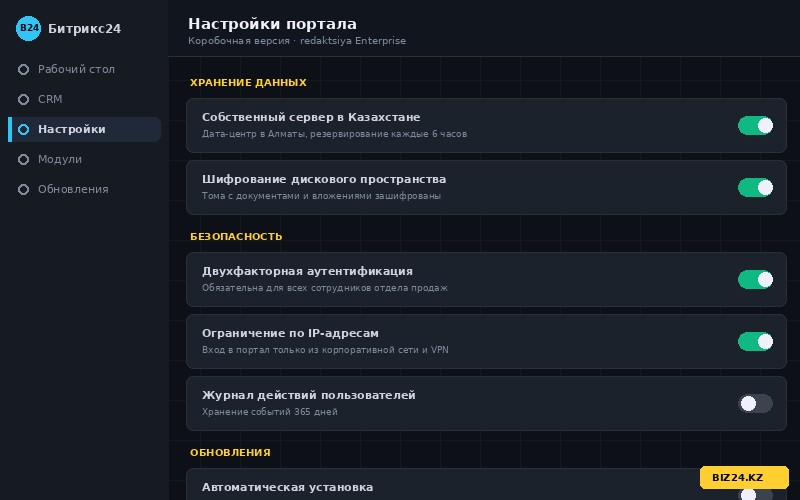 Панель администратора коробочной версии Битрикс24 с параметрами сервера